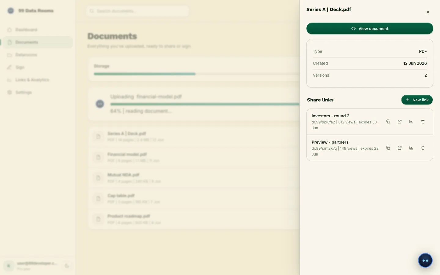 Documents library listing files with share and analytics actions