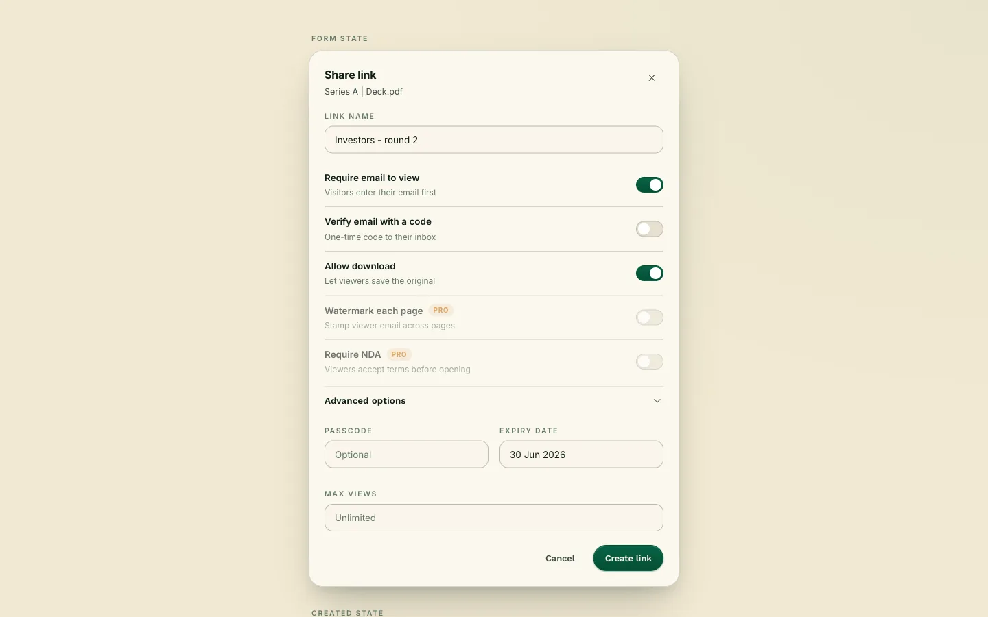 Share link dialog with verified-email gate, passcode and expiry settings